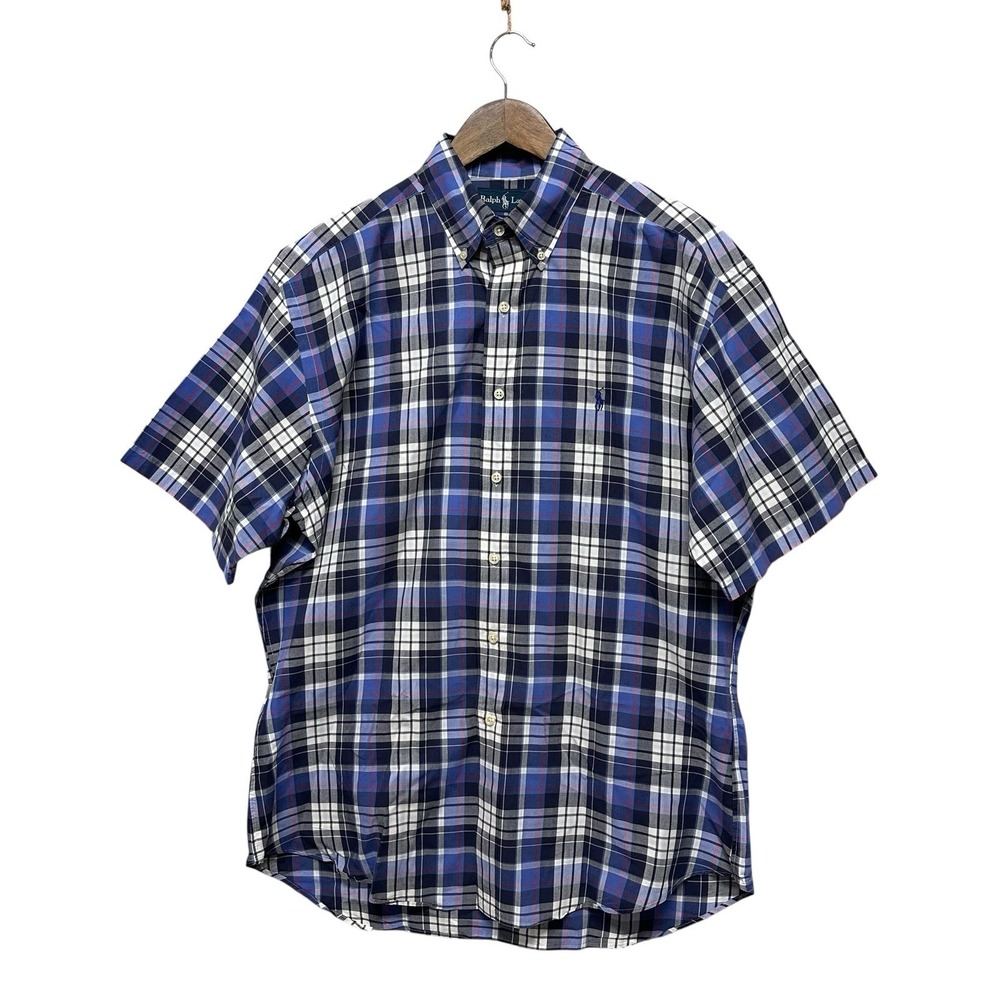 Ralph Lauren Shirt Men's L Blue Plaid Short Sleeve Vintage 90's Pony Blake Fit